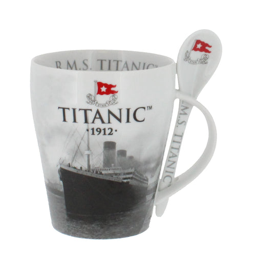 Mug with a spoon slotted in to handle, showing the Titanic sailing.