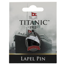 Load image into Gallery viewer, Titanic lapel badge on card backer showing a black and white photograph of the Titanic