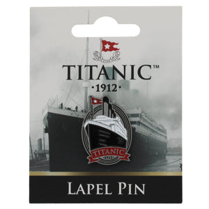 Titanic lapel badge on card backer showing a black and white photograph of the Titanic