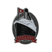 Load image into Gallery viewer, Metal pin showing the Titanic&#39;s bow on an oval background.