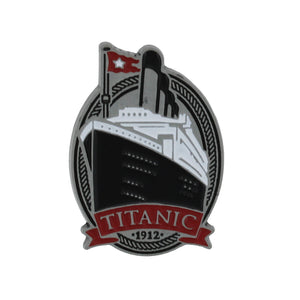 Metal pin showing the Titanic's bow on an oval background.