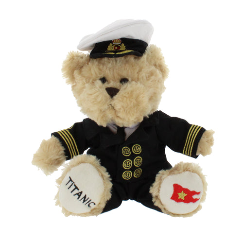 Small teddy bear, sat up with out stretched arms wearing a Titanic officers uniform