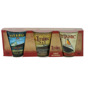 Set of three shot glasses with Titanic illustrations in a box