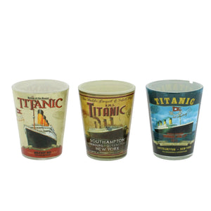 Three shot glasses, each showing a vintage Titanic advertisement.