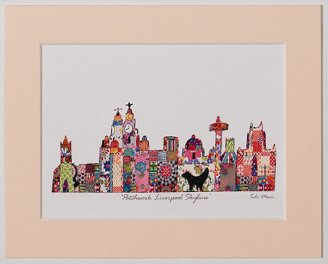 Print showing Liverpool's skyline in Tula Moon's distinctive colourful patchwork style.