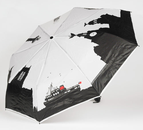 Collapsible umbrella in white with Liverpool's skyline shown in black around the edge