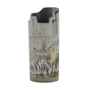 Cylindrical vase with asymmetrical top, showing a reproduction of one of Lowry's iconic paintings.