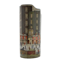 Load image into Gallery viewer, Cylindrical vase with asymmetrical top, showing a reproduction of one of Lowry&#39;s iconic paintings.