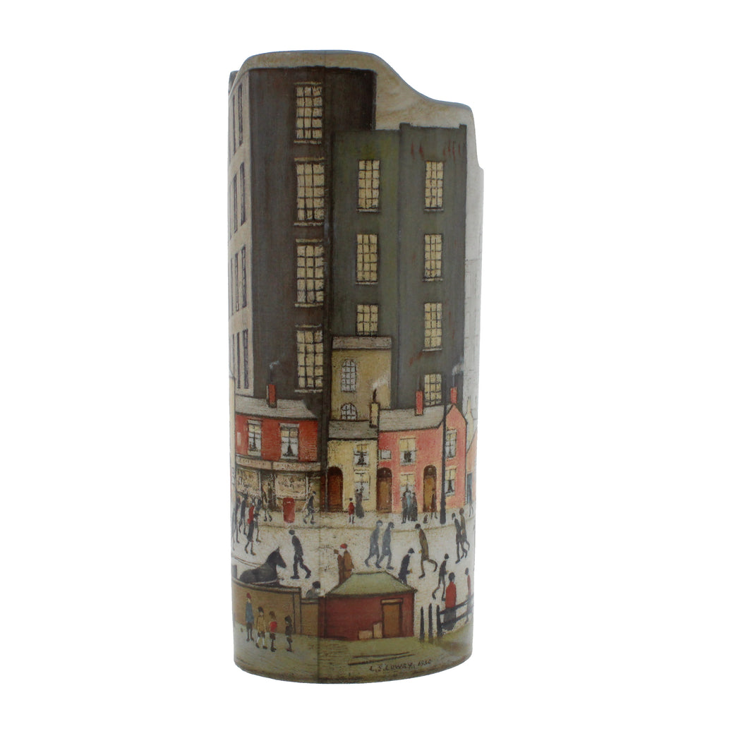 Cylindrical vase with asymmetrical top, showing a reproduction of one of Lowry's iconic paintings.