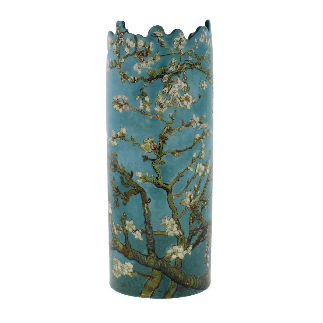 Circular vase with asymmetric top, with a reproduction of Van Gogh's painting of Almond blossom.