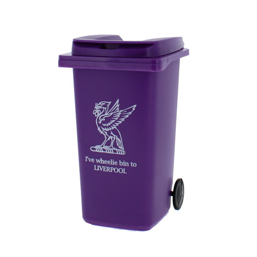 Small purple wheelie bin with the phrase 'I've wheelie bin to Liverpool' on it.